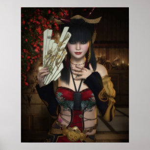 Vibrant Poster van Lady under Blossom met Fan