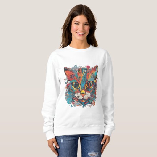 Vibrant Psychedelic Abstract Cat Art Sweatshirt (Voorkant volledig)