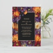 Vibrant Purple and Orange Floral Black Wedding Kaart (Staand voorkant)