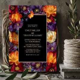 Vibrant Purple and Orange Floral Black Wedding Kaart