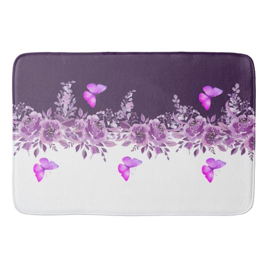 Vibrant Purple Butterfly and Botanical Design Badmat (Voorkant)