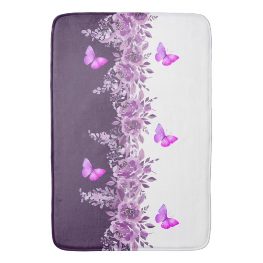 Vibrant Purple Butterfly and Botanical Design Badmat (Voorkant Verticaal)