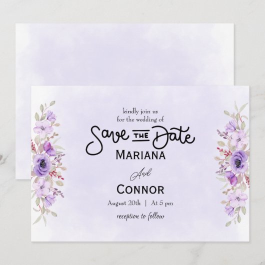 Vibrant Purple Floral Wedding Save the Date Kaart (Voorkant / Achterkant)
