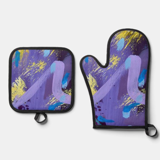Vibrant Purple, Yellow, and Blue Abstract Art Ovenwant & Pannenlap Set (Voorkant)
