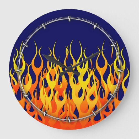 Vibrant Racing Flames op Navy Blue Grote Klok (Voorkant)