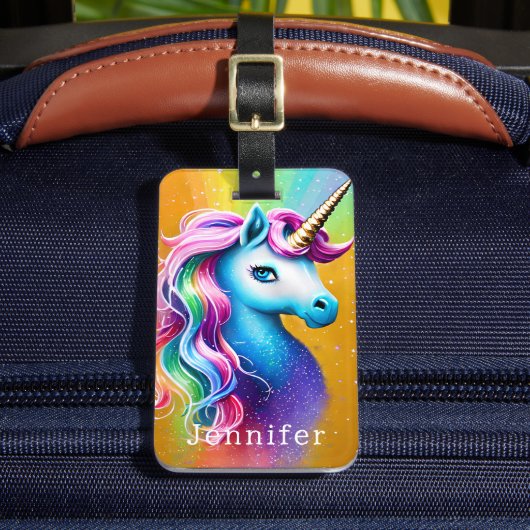 Vibrant Rainbow en Faux Glitter Unicorn Bagagelabel (Voorkant Insitu 2)