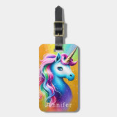 Vibrant Rainbow en Faux Glitter Unicorn Bagagelabel (Voorkant verticaal)