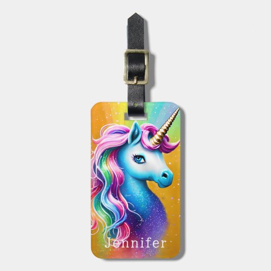 Vibrant Rainbow en Faux Glitter Unicorn Bagagelabel (Voorkant verticaal)