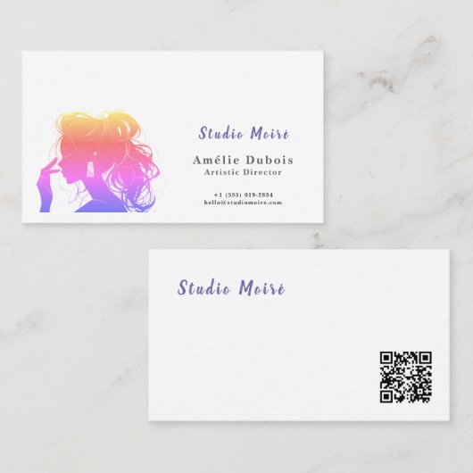 Vibrant Rainbow Hair Stylist Studio Moire QR Code Visitekaartje (Voorkant / Achterkant)