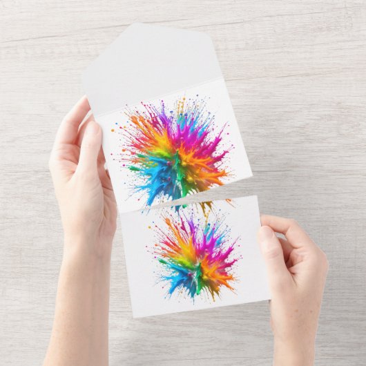 Vibrant Rainbow Paint Splatter Explosion All In One Uitnodiging (Afscheurbaar)