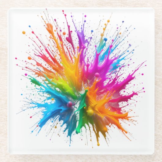 Vibrant Rainbow Paint Splatter Explosion Glazen Onderzetter (Voorkant)
