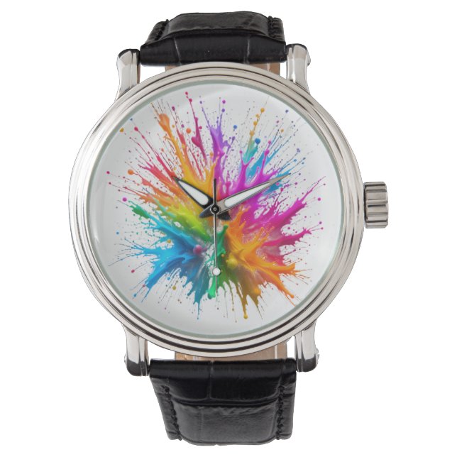 Vibrant Rainbow Paint Splatter Explosion Horloge (Voorkant)
