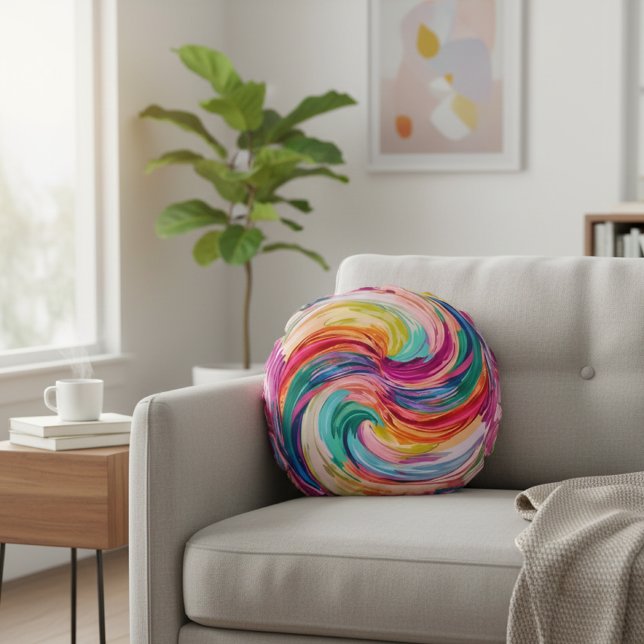 Vibrant Rainbow Swirl Abstract Rond Kussen (Creator heeft geüpload)