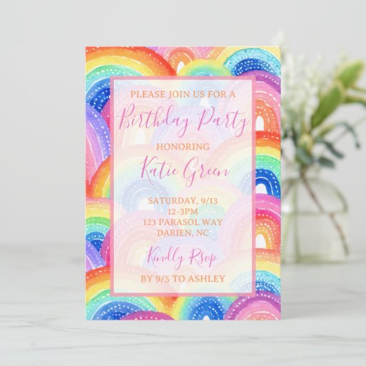 Vibrant Rainbow verjaardagsfeestje uitnodiging (Staand voorkant)