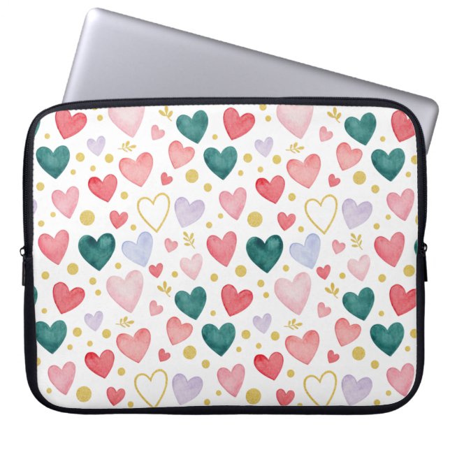 Vibrant Rainbow Watercolor Hearts Laptop Sleeve (Voorkant)
