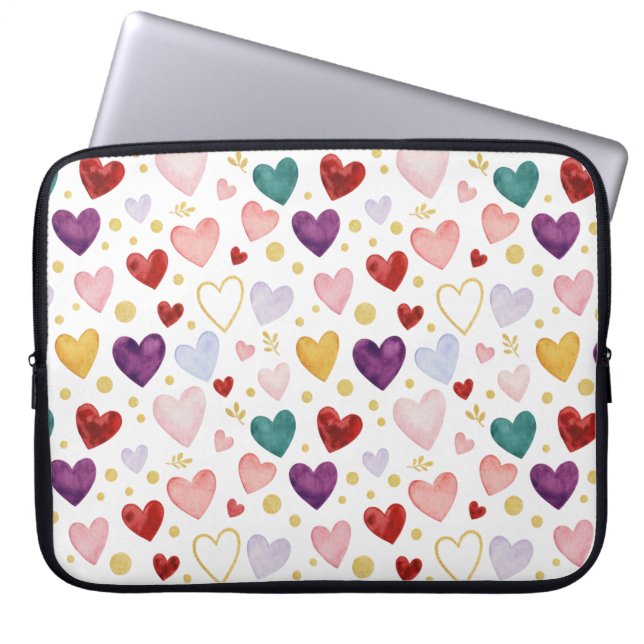 Vibrant Rainbow Watercolor Hearts Laptop Sleeve (Voorkant)