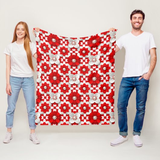 Vibrant Red And White Floral Pattern With Pearl Fleece Deken (In situ)