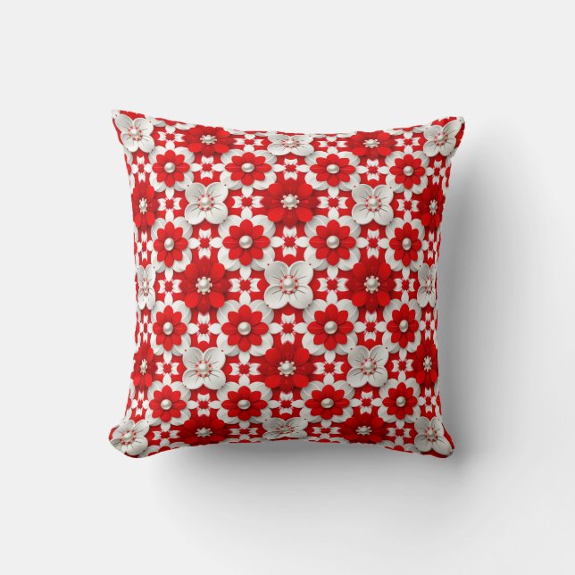 Vibrant Red And White Floral Pattern With Pearl Kussen (Voorkant)
