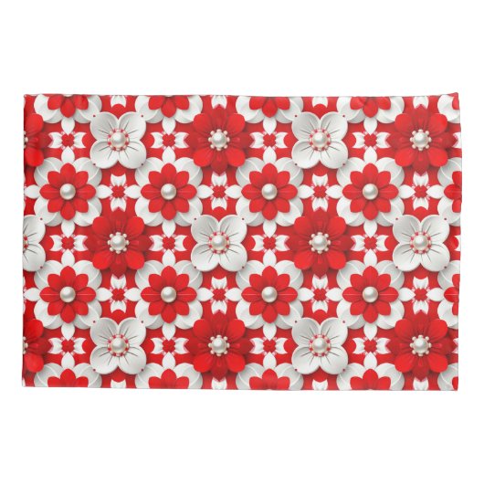 Vibrant Red And White Floral Pattern With Pearl Kussensloop (Achterkant)