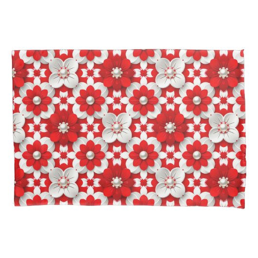 Vibrant Red And White Floral Pattern With Pearl Kussensloop (Voorkant)
