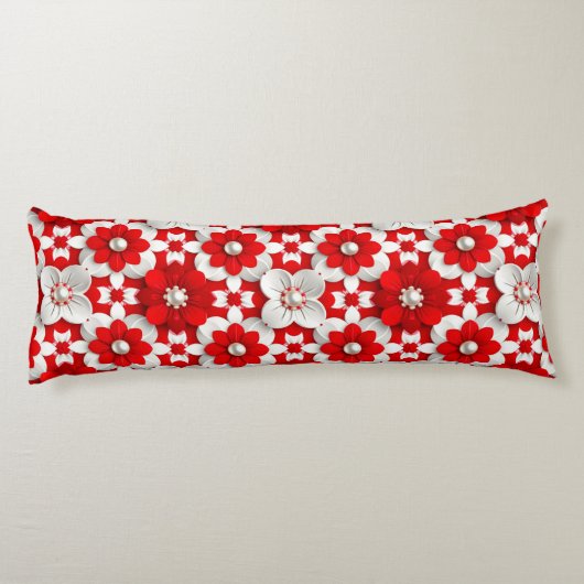 Vibrant Red And White Floral Pattern With Pearl Lichaamskussen (Achterkant)