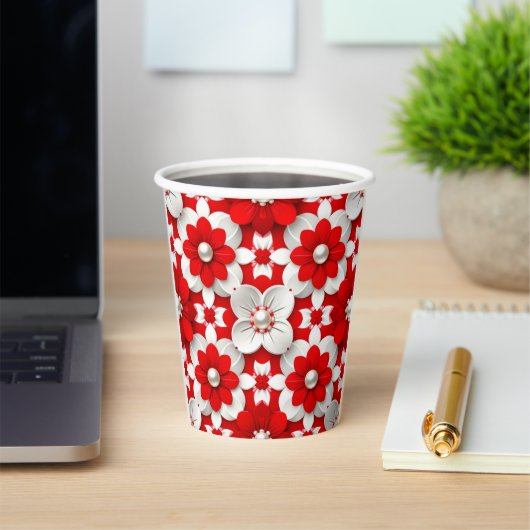 Vibrant Red And White Floral Pattern With Pearl Papieren Bekers (Insitu)
