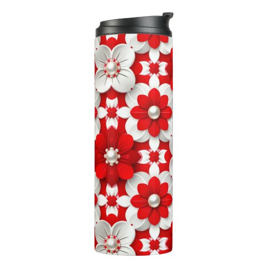 Vibrant Red And White Floral Pattern With Pearl Thermosbeker (Gedraaid links)