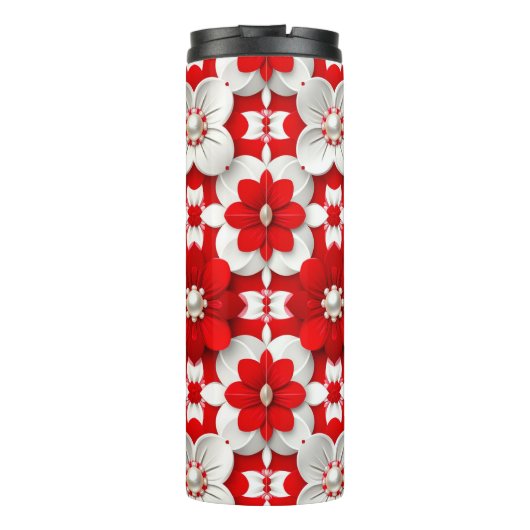 Vibrant Red And White Floral Pattern With Pearl Thermosbeker (Achterkant)