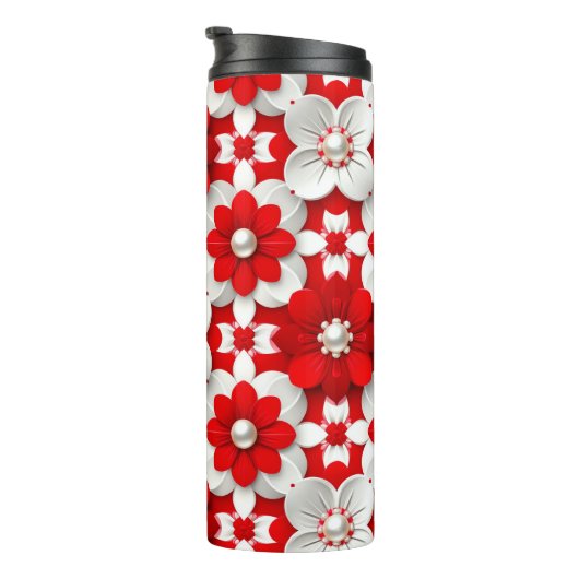 Vibrant Red And White Floral Pattern With Pearl Thermosbeker (Geroteerd rechts)