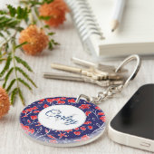  Vibrant Red Blue Floral op maat Sleutelhanger (Voorkant Rechts)