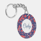  Vibrant Red Blue Floral op maat Sleutelhanger (Voorkant Links)