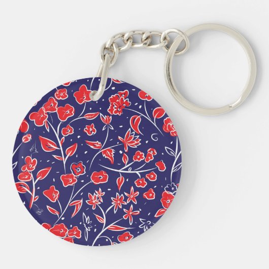  Vibrant Red Blue Floral op maat Sleutelhanger (Achterkant)