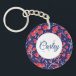 Vibrant Red Blue Floral op maat Sleutelhanger<br><div class="desc">Moderne  florale patronen met elegante personalisatie.</div>