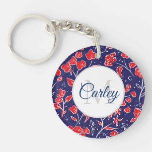 Vibrant Red Blue Floral op maat Sleutelhanger