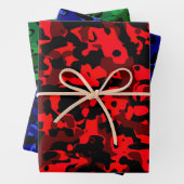 Vibrant Red Blue Green Camo Wrapping Paper Sheets (In situ)