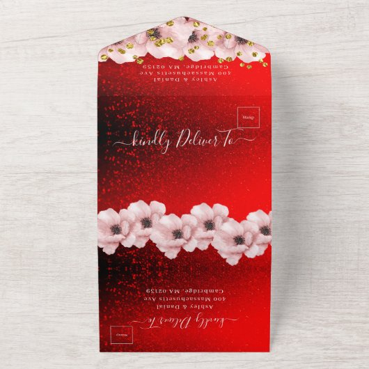 Vibrant Red Elegant roze rozen bruiloft All In One Uitnodiging (Buitenkant)