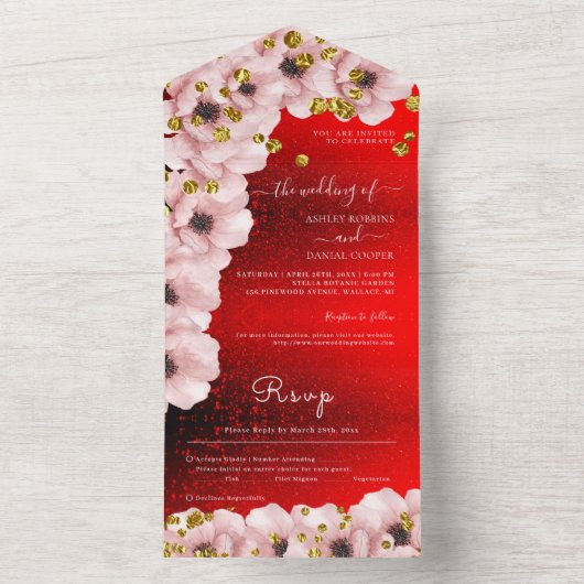 Vibrant Red Elegant roze rozen bruiloft All In One Uitnodiging (Binnen)