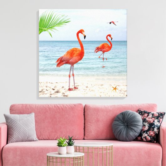 Vibrant Red Flamingos & Palm op het strand Canvas Afdruk (Insitu (Woonkamer))