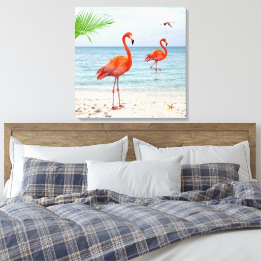 Vibrant Red Flamingos & Palm op het strand Canvas Afdruk (Insitu (Slaapkamer))