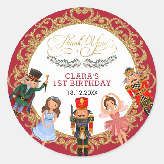 Vibrant Red Gold Nutkraker Holiday Birthday Favor Ronde Sticker (Voorkant)