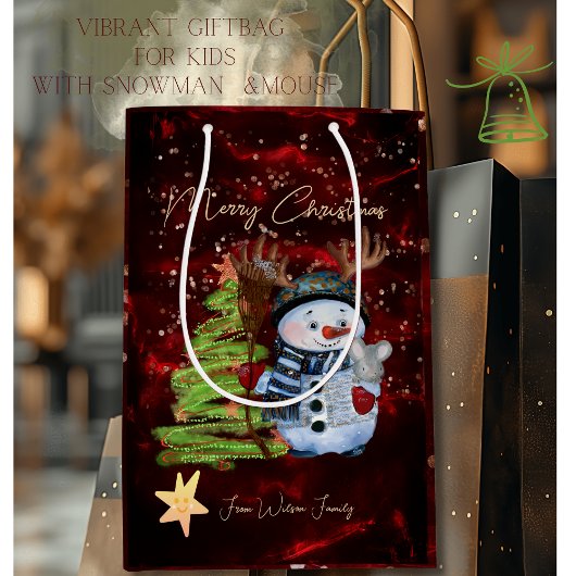 Vibrant Red Gold Snowman Mouse Christmas Gift Bag Medium Cadeauzakje