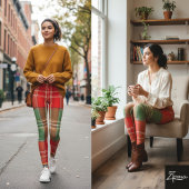 Vibrant Red Green Large-Scale Plaid Leggings