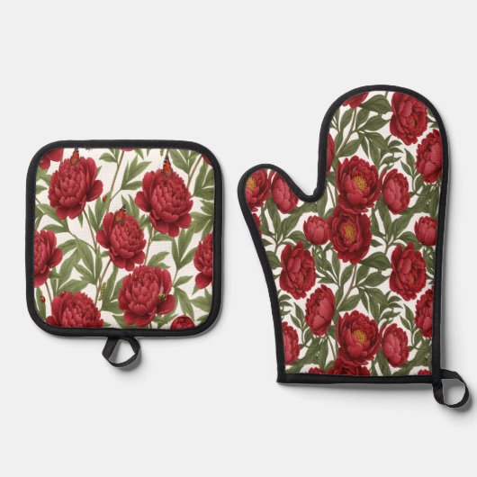 Vibrant Red Peony Collection Customizable Party Ovenwant & Pannenlap Set (Voorkant)