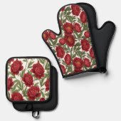 Vibrant Red Peony Collection Customizable Party Ovenwant & Pannenlap Set (Voorkant / Achterkant)