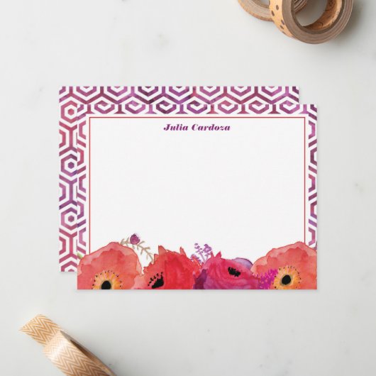 Vibrant Red Pink Waterverf Flowers Notitiekaartje (Voorkant / Achterkant in situ)