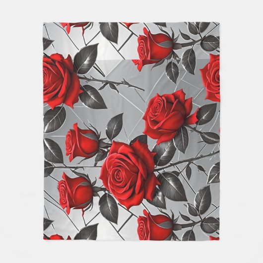 Vibrant Red Roses On A Metallic Silver Background  Fleece Deken (Voorkant)