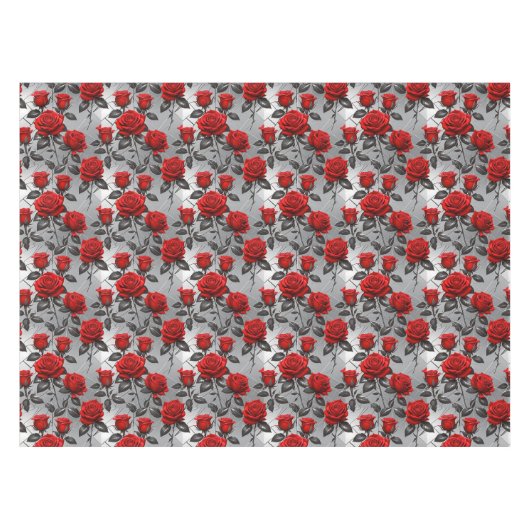 Vibrant Red Roses On A Metallic Silver Background Tafelkleed (Voorkant (Horizontaal))