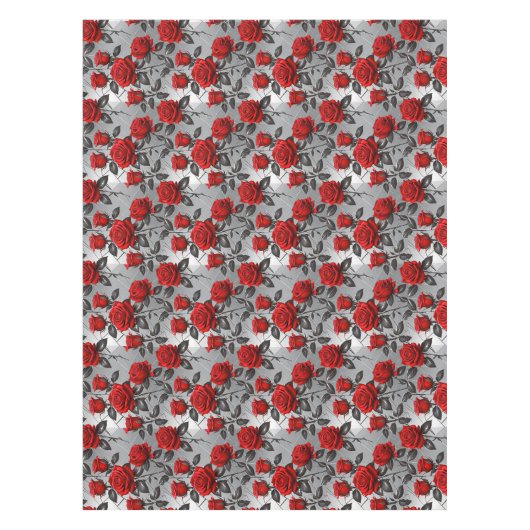 Vibrant Red Roses On A Metallic Silver Background  Tafelkleed (Voorkant)