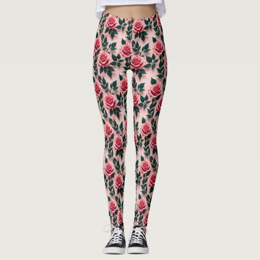 Vibrant Red Roses With Dark Green Leaves Leggings (Voorkant)