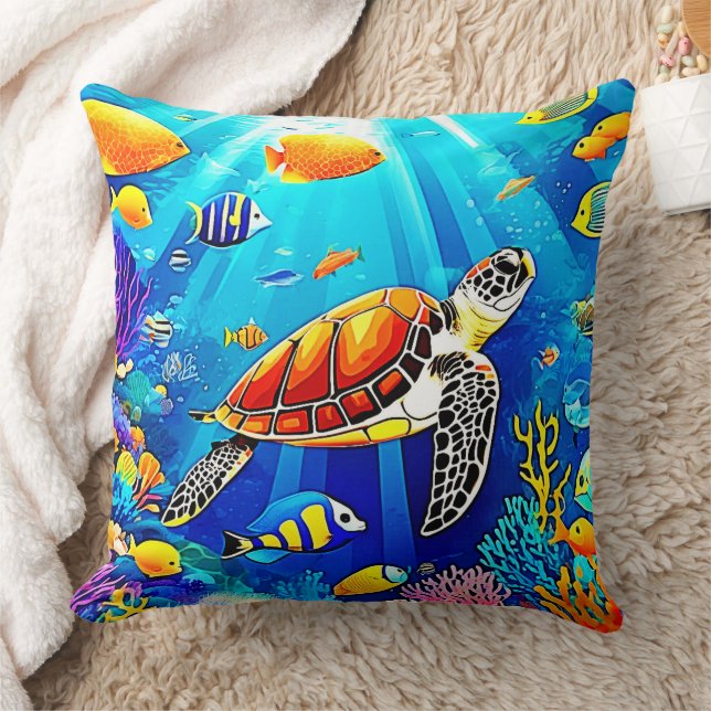 Vibrant Reef: Het Onderwaterrijk Van De Schildpad Kussen (Deken)